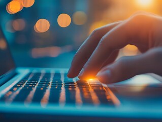 Fototapete - Close-Up of a Hand Typing on a Laptop Keyboard with Warm Bokeh Lights in the Background Creating a Cozy and Productive Evening Atmosphere for Remote Work