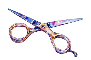 Watercolor of vintage scissors, steel tool for sewing isolated on transparent background.