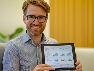 Aufkleber - Happy businessman displaying digital tablet with data analytics, graphs, and charts in modern office environment, showcasing success and professional growth
