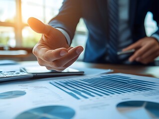 Poster - Business Professional Discussing Growth Strategies with Charts and Graphs on Table, Emphasizing Collaboration in Modern Office Environment