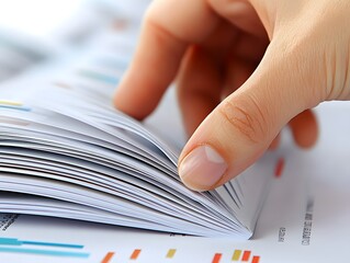 Aufkleber - Close-Up Image of Hand Flipping Pages of Document with Colorful Graphs and Charts on a Bright Desk Surface for Business or Academic Use