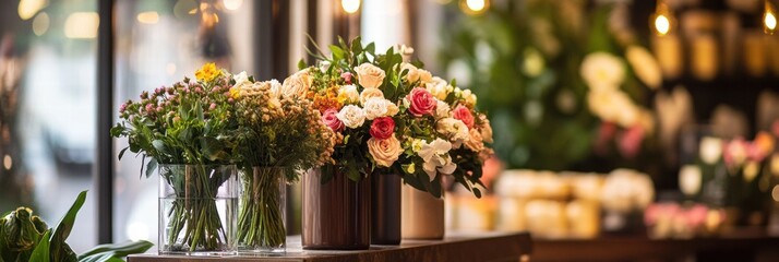 Poster - Stylish storefront display featuring fresh flowers in elegant glass vases during bright daylight. Generative AI