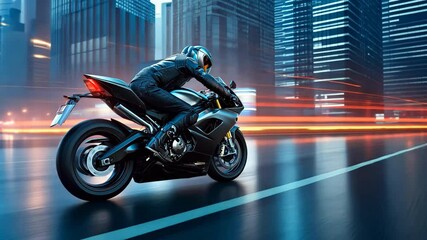 Wall Mural - Action shot with man riding a bike in futuristic cyberpunk city. Dynamic scene with motorcycle ride in action movie blockbuster style