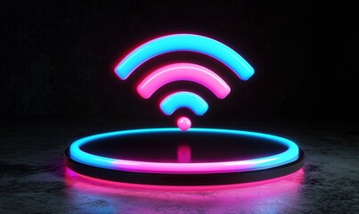 Poster - Vibrant neon wifi symbol illuminated against a sleek black backdrop showcasing modern wireless technology
