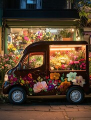 Aufkleber - Small delivery truck in mocha mousse color adorned with floral designs near a vibrant flower shop during evening hours. Generative AI