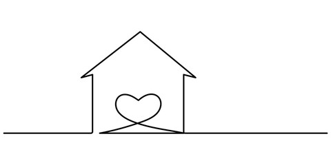 Poster - Home Sweet Home Continuous Line Icon, Heart inside house continuous one line drawn. Love home concept. Vector illustration isolated on white, Home Sweet Home Continuous Line Icon, Home with heart line