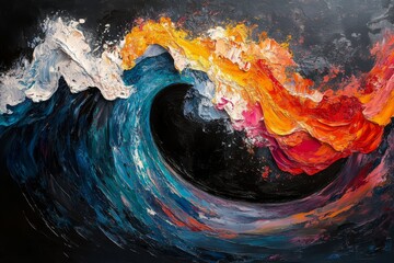 Poster - Abstract painting with vibrant colors and dynamic wave patterns on a dark background