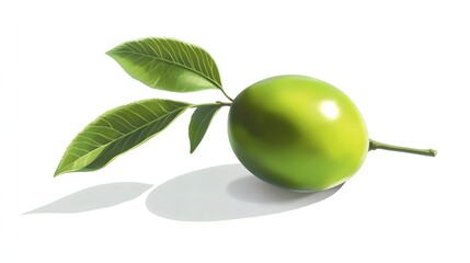 Wall Mural - A single lime with green leaves rests on a white background