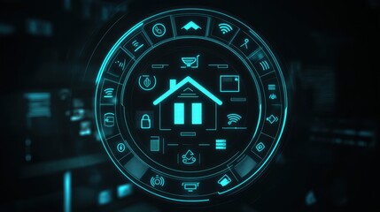 Poster - Futuristic Smart Home Control Interface with Neon Blue Icons