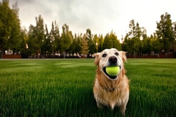Wall Mural - a happy golden retriever dog with a tennis ball in its mouth looks directly at the camera with a gra