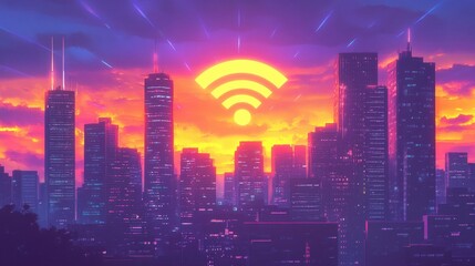 Poster - Vibrant City Skyline at Sunset with Wi-Fi Symbol in Background