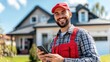 © 69 - Happy Worker in Red Overalls Using Smartphone Outside House