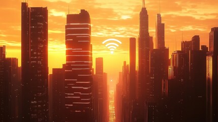 Poster - Sunset Over City Skyline with WiFi Symbol Illuminating Atmosphere
