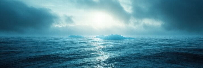 Poster - Melting iceberg adds contrast to vast blue ocean under dramatic clouded sky. Generative AI