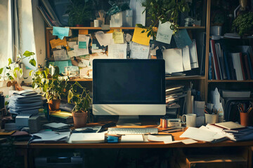 Poster - cluttered desk with a computer monitor and a potted plant. The desk is covered in papers and books, and there is a cup of coffee on the table. Scene is busy and chaotic