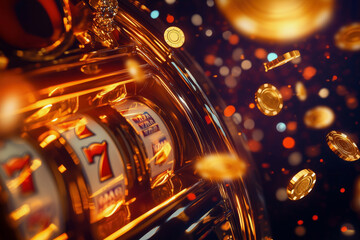 Aufkleber -  slot machine with a 7 on it and a bunch of gold coins. The machine is surrounded by a lot of gold coins