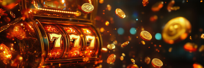 Aufkleber -  slot machine with a 7 on it and a bunch of gold coins. The machine is surrounded by a lot of gold coins