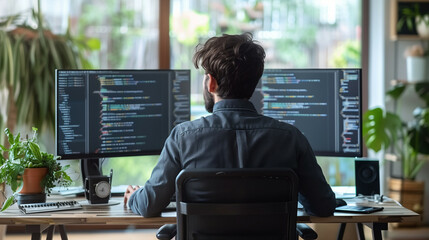 a young man focused on coding at his well-organized workstation with multiple screens and indoor pla