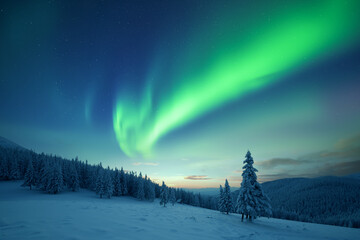 Wall Mural - fairy winter mountains with snowy fir-trees and incredible northern lights in starry sky. christmas 