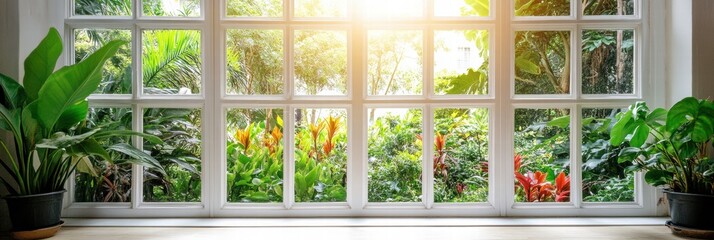 Aufkleber - Bright garden view from a window showcasing lush green plants and colorful flowers in daylight. Generative AI