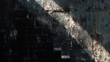 Poster - A dimly lit staircase casts shadows on a textured wall, showcasing a blend of light and dark elements in an atmospheric setting.