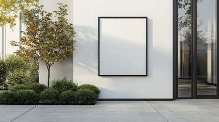 Poster - A minimalist exterior view featuring a blank frame on a white wall, surrounded by greenery and modern architecture.