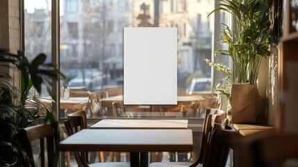 Poster - A cozy cafe interior featuring empty tables, greenery, and a blank canvas ready for creativity.