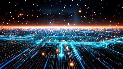 Aufkleber - Computer generated image of a cityscape with a blue sky and orange lights. The image is full of bright, glowing dots that create a sense of movement and energy. Scene is one of excitement and wonder