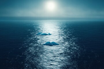 Fototapete - Melting iceberg floats serenely in a vast blue ocean under a tranquil sky. Generative AI