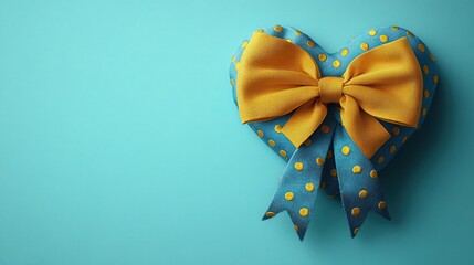 Heart-shaped gift with a yellow ribbon bow on a teal background.