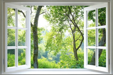 Aufkleber - Bright garden view through an open window with lush greenery and soft sunlight illuminating the trees. Generative AI