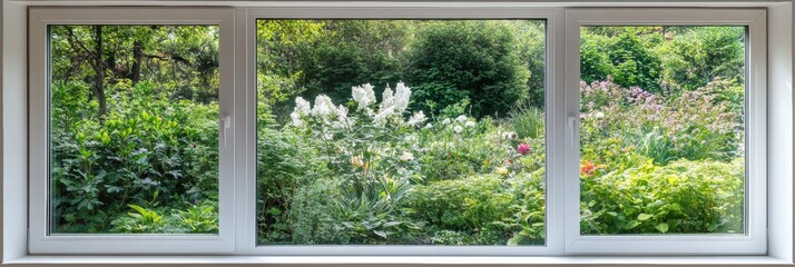 Aufkleber - Bright garden view through a window showcasing vibrant plants and flowers in full bloom during daylight hours. Generative AI