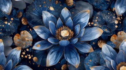 Poster - A vibrant arrangement of blue lotus flowers and water lilies is showcased against a dark background. Gold accents enhance the beauty of the floral composition, creating a striking visual impact.