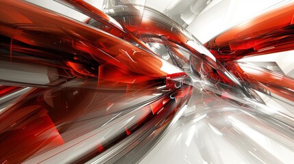 Fototapete - This artwork features an energetic composition of red and silver elements that swirl and flow in a dynamic, abstract manner. The interplay of colors creates a sense of movement and depth.