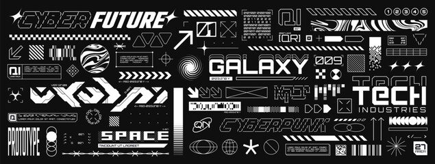 retro futuristic streetwear element, cyberpunk aesthetic decals. sci-fi inscriptions or stickers, te