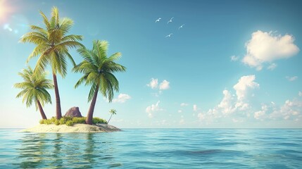 Wall Mural - A serene tropical island features lush green palm trees swaying softly in the warm breeze, surrounded by calm blue waters. Fluffy clouds drift across a bright sky, creating a peaceful atmosphere.