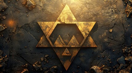 Poster - A prominent golden emblem shaped like a star is centered against a rugged stone surface.