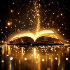 Poster - An open book rests on a reflective surface, radiating a warm golden glow. Sparkling particles and light effects surround the book, creating an enchanting atmosphere in a dark setting.