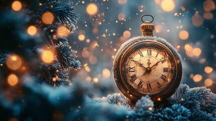 Poster - A vintage pocket watch rests amidst a winter wonderland, its face illuminated by twinkling lights, capturing the magic and anticipation of the holiday season.
