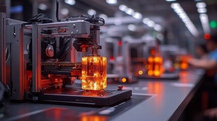 Poster - A futuristic industrial setting with multiple 3D printers in operation, glowing with warm light as they create intricate, illuminated objects.