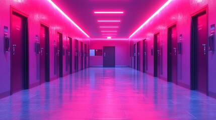Aufkleber - A long, narrow hallway bathed in a vibrant pink neon glow, lined with a series of doors, creating a surreal and otherworldly atmosphere.