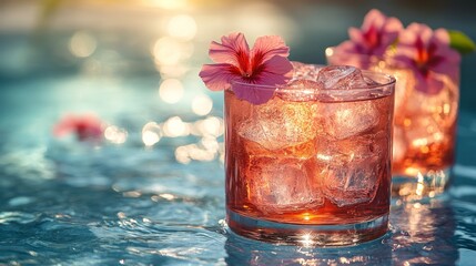 Leinwandbilder - Two refreshing cocktails with vibrant pink flowers, nestled amongst ice cubes, shimmer in the golden light of sunset, inviting a moment of relaxation and indulgence.