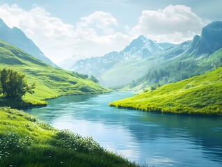 Aufkleber - Serene Mountain Landscape with Lush Green Hills and Tranquil River Flowing Through Valley Under Clear Blue Sky and Soft White Clouds