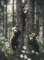 Wall Mural - two brown bear cubs climbing on trees in the forest, during the summer, with wild white flowers around and a green pine tree background