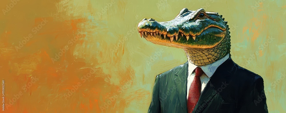 Crocodile in a custom suit and tie, portrayed with bold business acumen ...