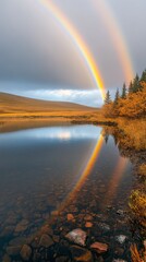 Wall Mural - Colorful rainbow arcs over serene lake in a picturesque landscape at dusk