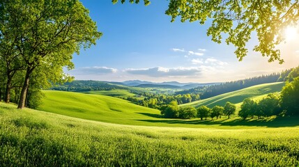 Aufkleber - Serene Landscape of Rolling Green Hills Under a Bright Blue Sky with Sunlight Illuminating Fields and Trees in a Tranquil Nature Setting