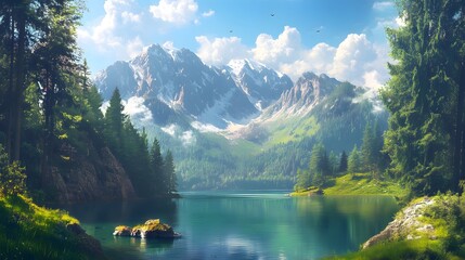 Aufkleber - Majestic Mountain Landscape with Serene Lake and Lush Green Forests Under a Clear Blue Sky, Ideal for Nature and Travel Enthusiasts
