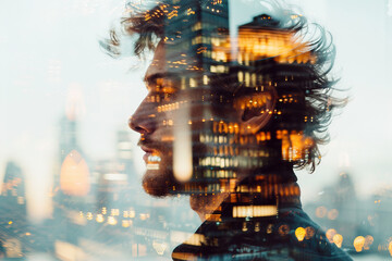 Poster - a double exposure image of a specialist worker silhouette against a backdrop of urban lights generat