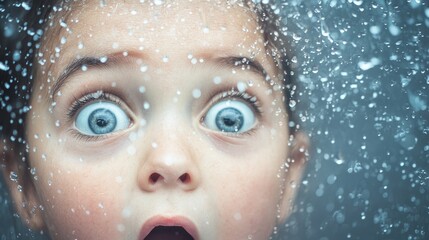 Poster - child displaying a shocked expression while gazing at rain from a window with ample empty space for 